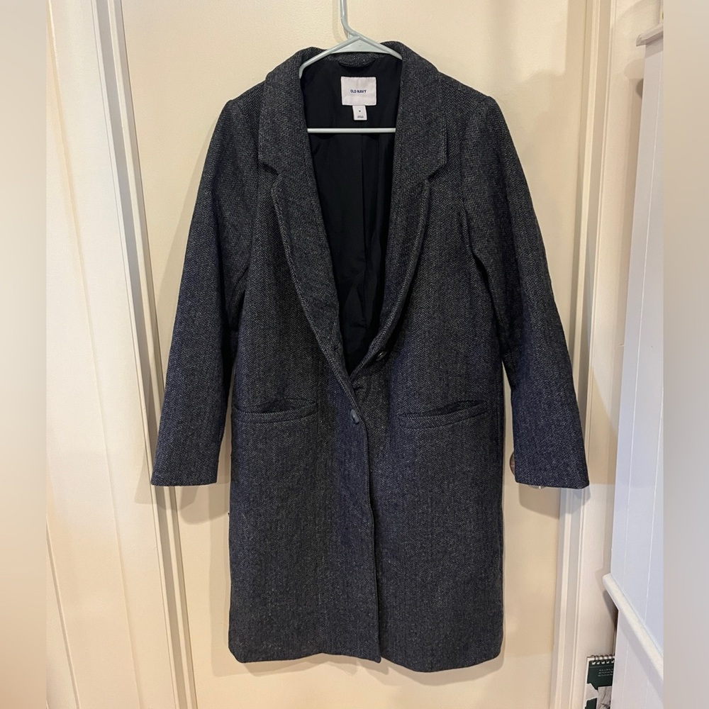 Herringbone Charcoal Gray Wool Blend Women's Overcoat